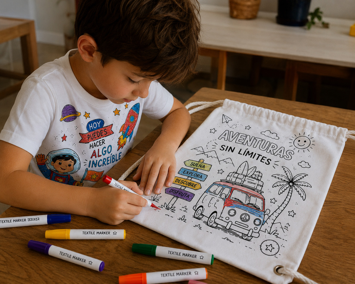 Pack Creativo Infantil para Colorear | Camiseta + Mochila de Cuerdas + 6 Rotuladores Textiles