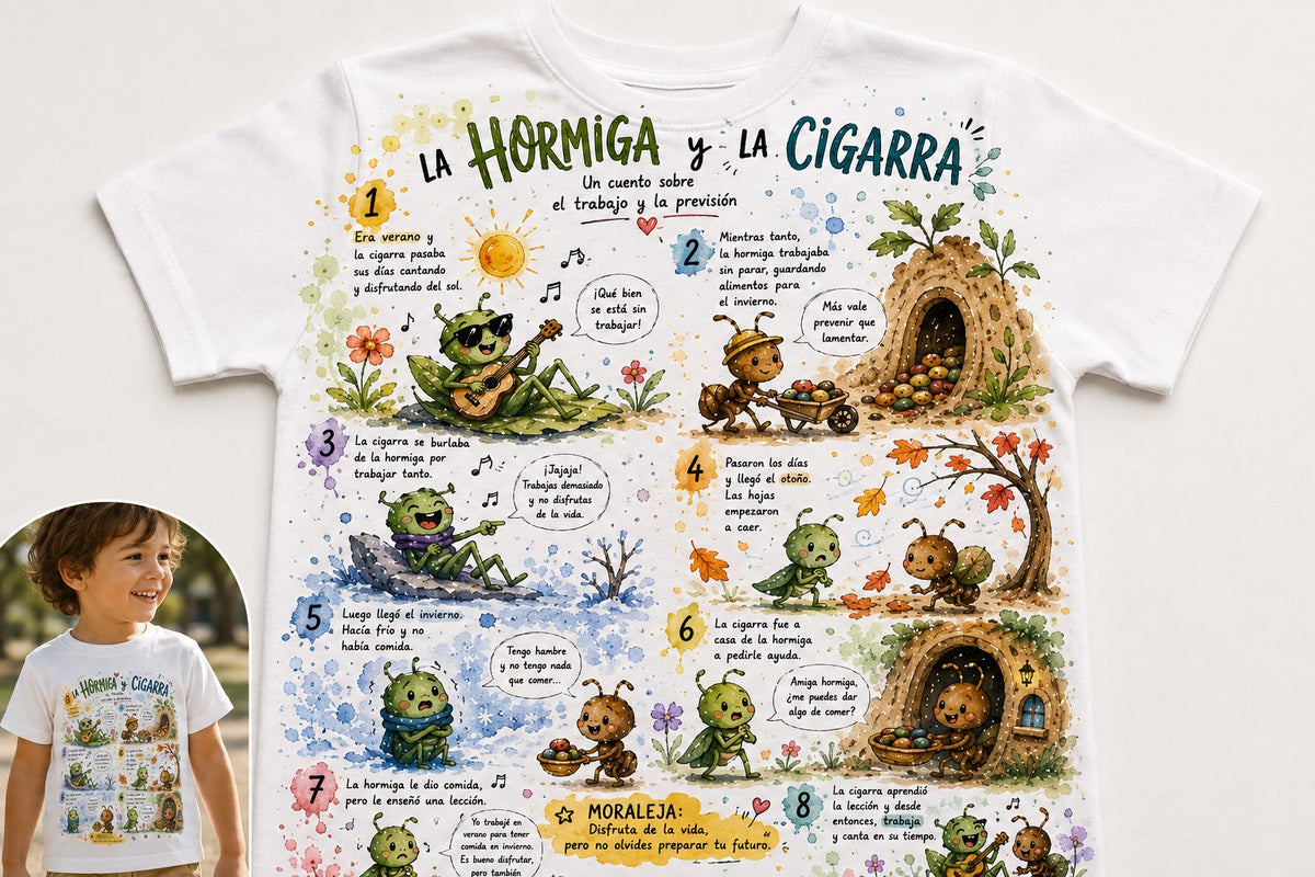 Camiseta Infantil "La Hormiga y la Cigarra" – Cuento ilustrado para aprender jugando