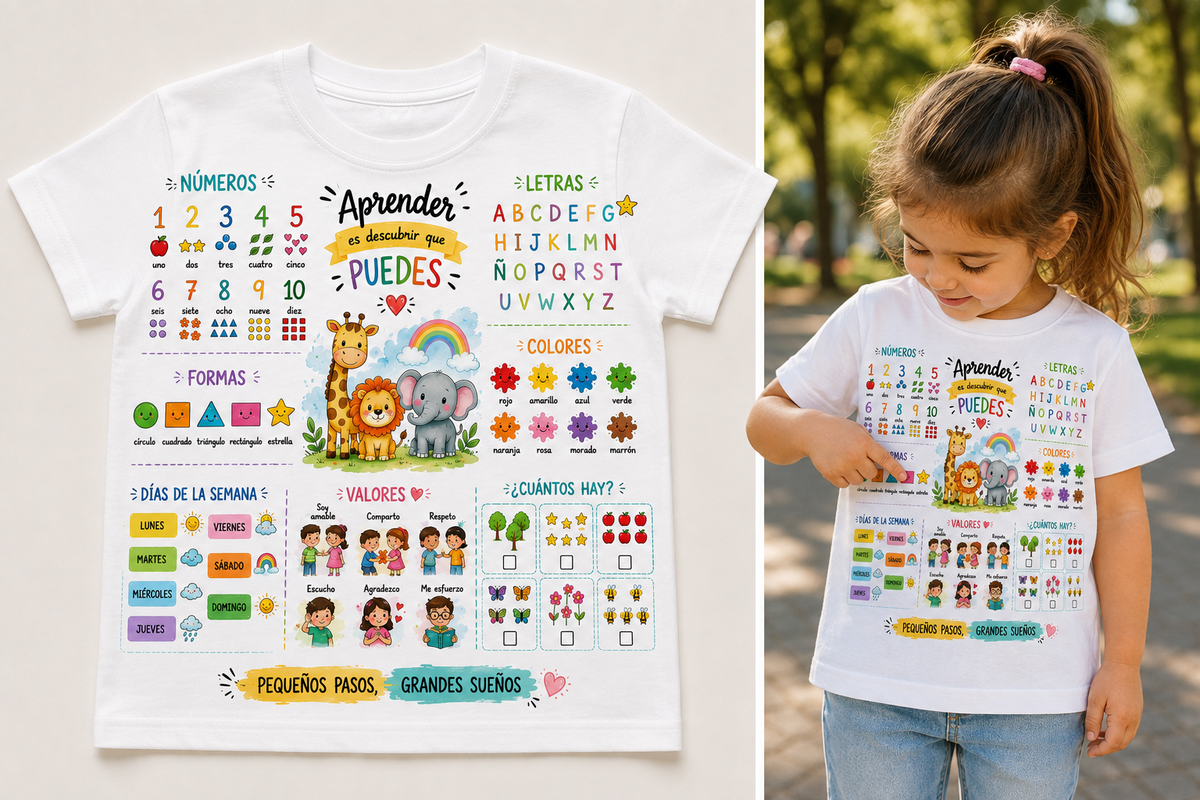 Camiseta Infantil Educativa "Aprender es descubrir que puedes" | Números, Letras, Colores y Valores (2-8 años)