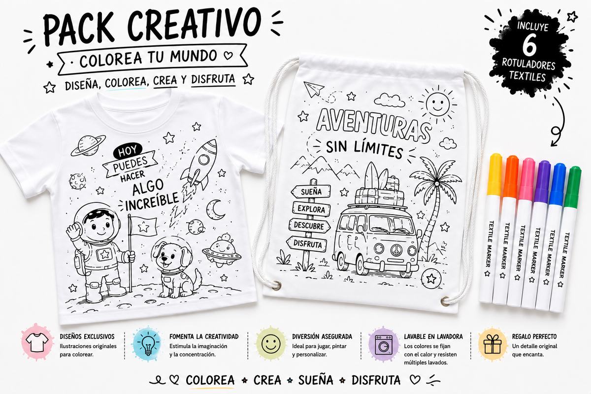 Pack Creativo Infantil para Colorear | Camiseta + Mochila de Cuerdas + 6 Rotuladores Textiles